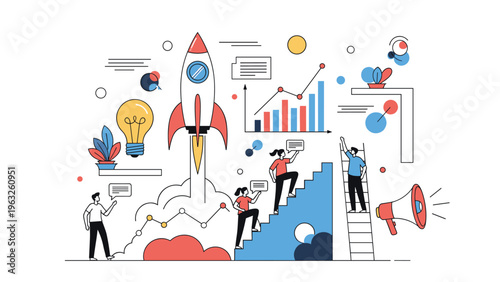 Business startup concept with professional team working together for success through innovation, strategy, and rapid growth shown with a rocket.