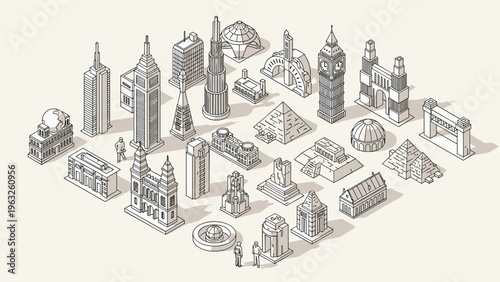 Detailed collection of world famous landmarks and architectural buildings from different countries in a clean isometric line art style.