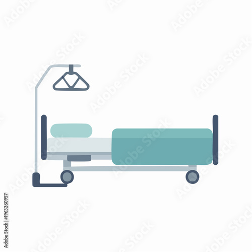 Hospital bed with green mattress and medical equipment illustration