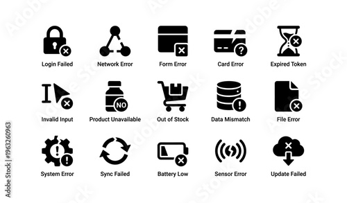 Set of 15 black error and warning icons for system and network issues