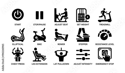 Gym equipment icons: treadmill, elliptical, bike, rower, weights