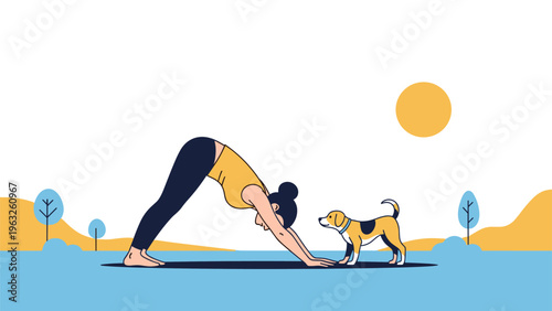 Young woman practicing downward facing dog yoga pose outdoors in a park with her cute pet beagle dog in a flat vector illustration.