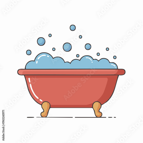 Colorful cartoon illustration of a red bathtub filled with blue bubble