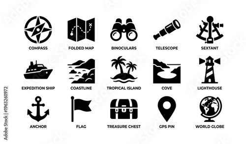 Navigation and exploration icons: compass, map, binoculars, telescope, sextant