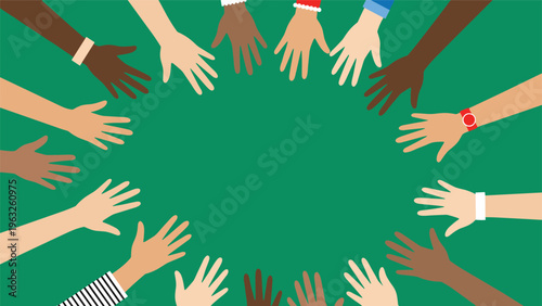 Group of diverse hands of different skin tones coming together in a circle over a green background representing unity and cooperation.
