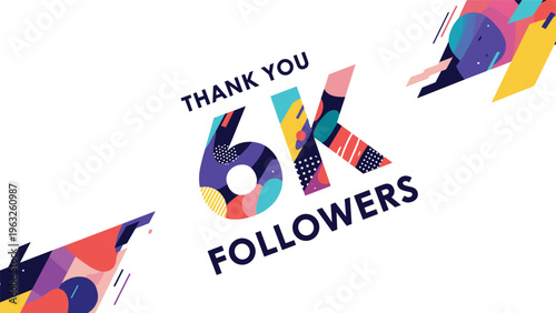 Colorful celebratory graphic for reaching 6000 followers on social media with geometric patterns inside the number six thousand.