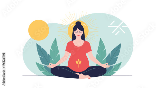 Pregnant woman practicing meditation in a yoga pose with a glowing halo and tropical leaves background for zen and health.