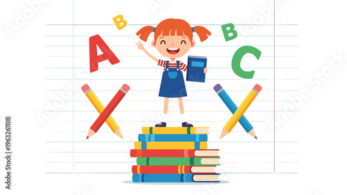 Happy young girl student standing on a stack of books with school supplies and large alphabet letters in the background.
