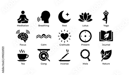 Mindfulness icons: meditation, yoga, breathing, gratitude, nature elements