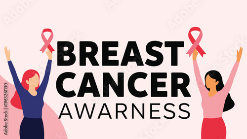 Two women raising their arms and holding pink ribbons to promote breast cancer awareness and support on a light pink background.