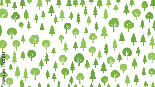 Seamless pattern featuring a dense variety of green evergreen and deciduous tree silhouettes representing a forest or woodland area.