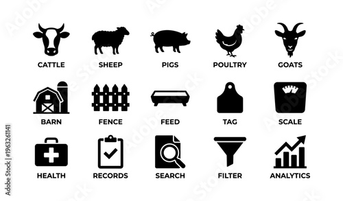 Farm animal icons and agriculture tools including cattle, poultry, and barn equipment