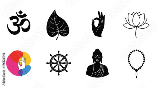 Set of spiritual symbols including the Om sign, bodhi leaf, mudra hand, lotus flower, dharma wheel, Buddha silhouette, and prayer beads.