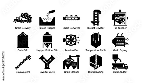 Grain storage and processing icons: silos, augers, conveyors, drying, unloading