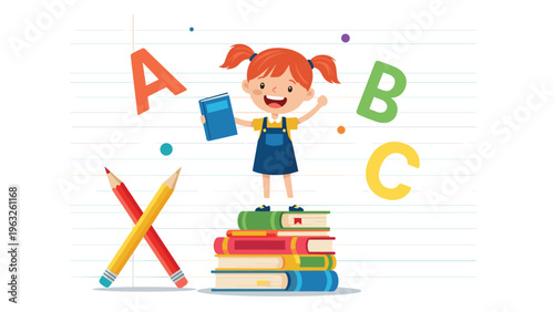 Happy young girl with red pigtails standing on a stack of colorful books while holding a blue book and surrounded by alphabet letters.