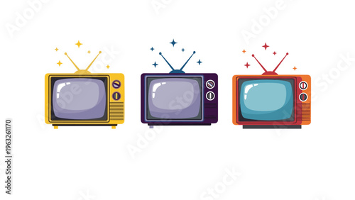Row of three colorful vintage television sets in yellow purple and red featuring classic antennas and sparkling stars on white background.