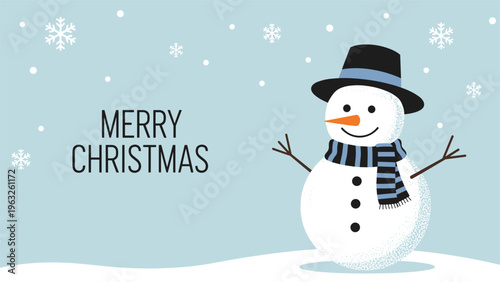 Cheerful snowman wearing a black top hat and blue striped scarf standing in a winter landscape with falling snowflakes and greetings.