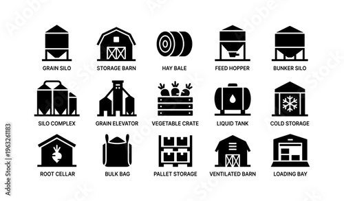 Icons of agricultural storage: silos, barns, tanks, and crates