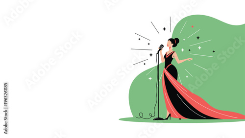 Elegant female singer silhouette performing in a long red and black gown on a stage with a green background and sparkling star details.
