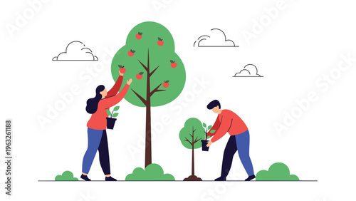 Illustration of a man and a woman working in an orchard with one person planting a small tree and another picking red apples.