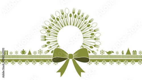Creative holiday wreath composed of green spoons and forks with a large bow and a decorative border of festive christmas icons.