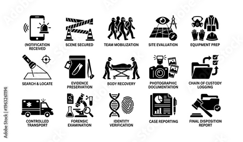 Crime scene process icons: investigation steps and procedures illustrated