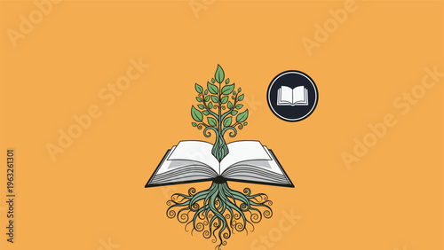 Tree of knowledge growing from an open book with deep roots symbolizing the growth and wisdom gained through education.