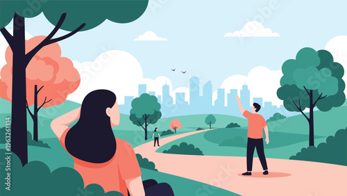 Woman looking out over a beautiful green city park with people walking on paths and modern buildings in the background.