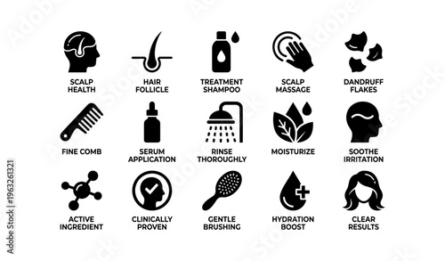 Scalp and hair care icons: health, treatment, massage, and hydration solutions