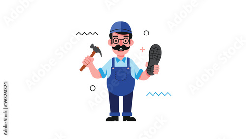 Professional shoemaker or cobbler character holding a hammer and a shoe sole while wearing blue overalls and a cap.