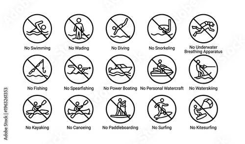 Prohibited water activities icon set: no swimming snorkeling diving kayaking