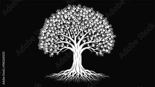 Tree of life silhouette with white branches and leaves made of human handprints representing community and diversity.