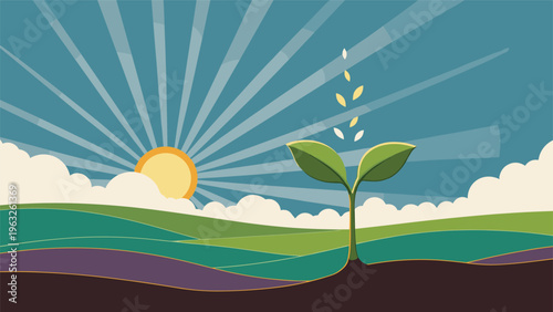 Green sprout emerging from dark soil against a beautiful sunrise background representing new beginnings and hope.