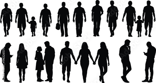 "Silhouette illustration of diverse adults and children arranged in two rows showing walking, standing, and interactive poses representing human diversity and social relationships"