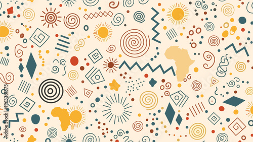 African inspired seamless pattern featuring abstract symbols, sun motifs, and maps of Africa in warm earthy tones.