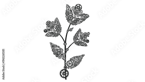 Intricate illustration of a flowering plant made entirely of mechanical clockwork gears, cogs, and machinery parts.