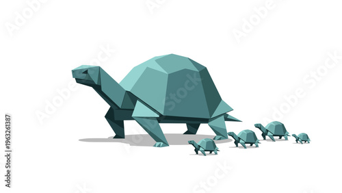 Large blue tortoise walking with four baby tortoises in a line, all designed in a geometric origami style.
