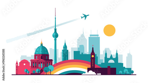 Artistic rendering of the Berlin city skyline featuring major landmarks and a bright rainbow crossing the horizon.