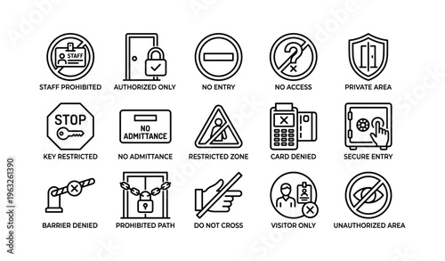 Security and access restriction icons with no entry signs and warnings