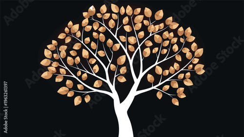 Majestic tree with golden geometric polygon leaves standing out against a dark black background for a luxury feel.