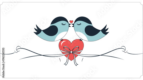 Charming illustration of two blue birds kissing while perched on a large red heart tied with a ribbon bow for valentines day greeting card.