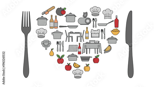 Heart shaped composition created from various kitchen tools, food items, and cooking utensils representing a passion for culinary arts.