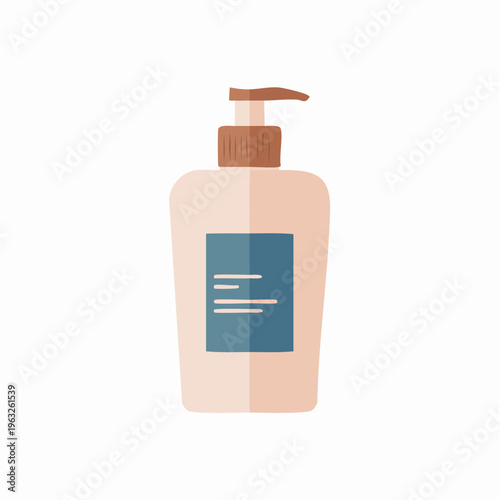 Flat illustration of a peach-colored pump bottle with blue label