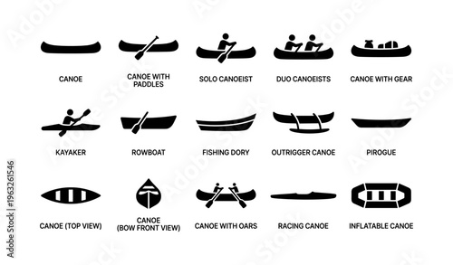 Types of canoes and boats silhouettes: solo, duo, inflatable, and more