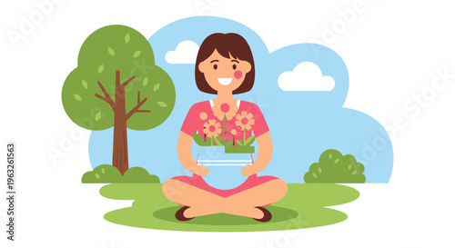 Woman sitting in park with flowers.
