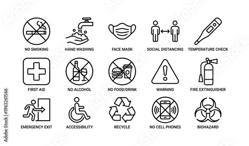 Safety and hygiene icons: no smoking, hand washing, face mask, social distancing