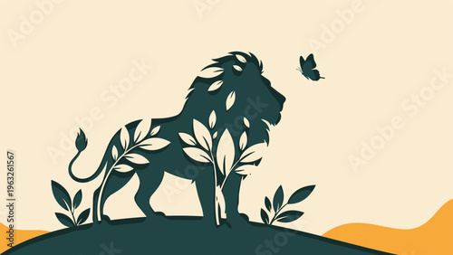Majestic lion silhouette creatively filled with delicate leaf patterns while watching a small butterfly in a serene nature scene illustration.