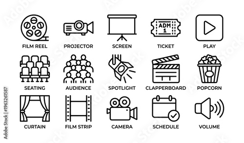 Icon set featuring movie reel, projector, screen, ticket, play button, seating, audience, and more