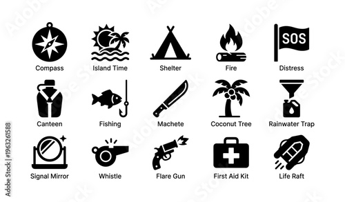 Survival icons collection: compass, shelter, fire, distress, life raft, first aid kit, machete
