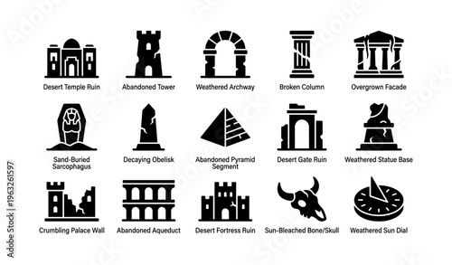 Ancient desert ruins and structures silhouette icons collection